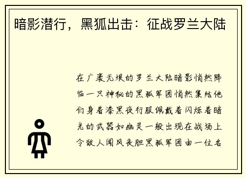 暗影潜行，黑狐出击：征战罗兰大陆