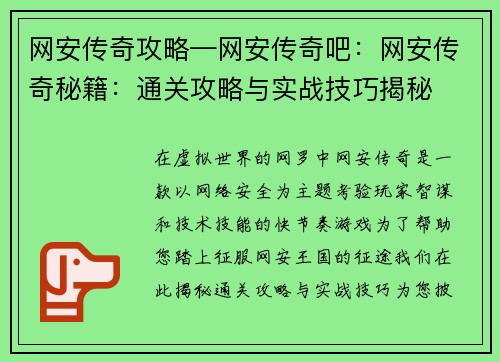 网安传奇攻略—网安传奇吧：网安传奇秘籍：通关攻略与实战技巧揭秘