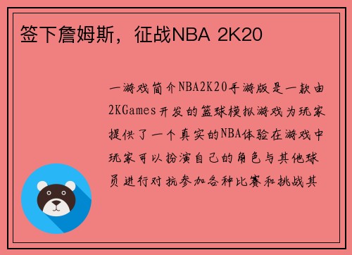 签下詹姆斯，征战NBA 2K20
