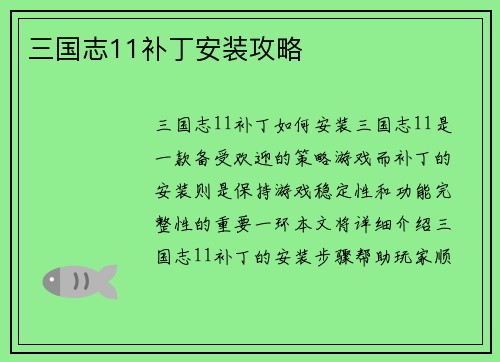 三国志11补丁安装攻略