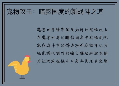 宠物攻击：暗影国度的新战斗之道